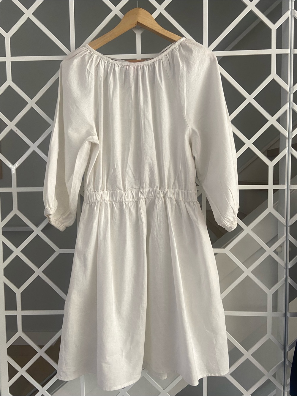 White Linen Cotton Mini Summer Dress Medium Ruched Waist Pockets NWOT - Picture 3 of 7